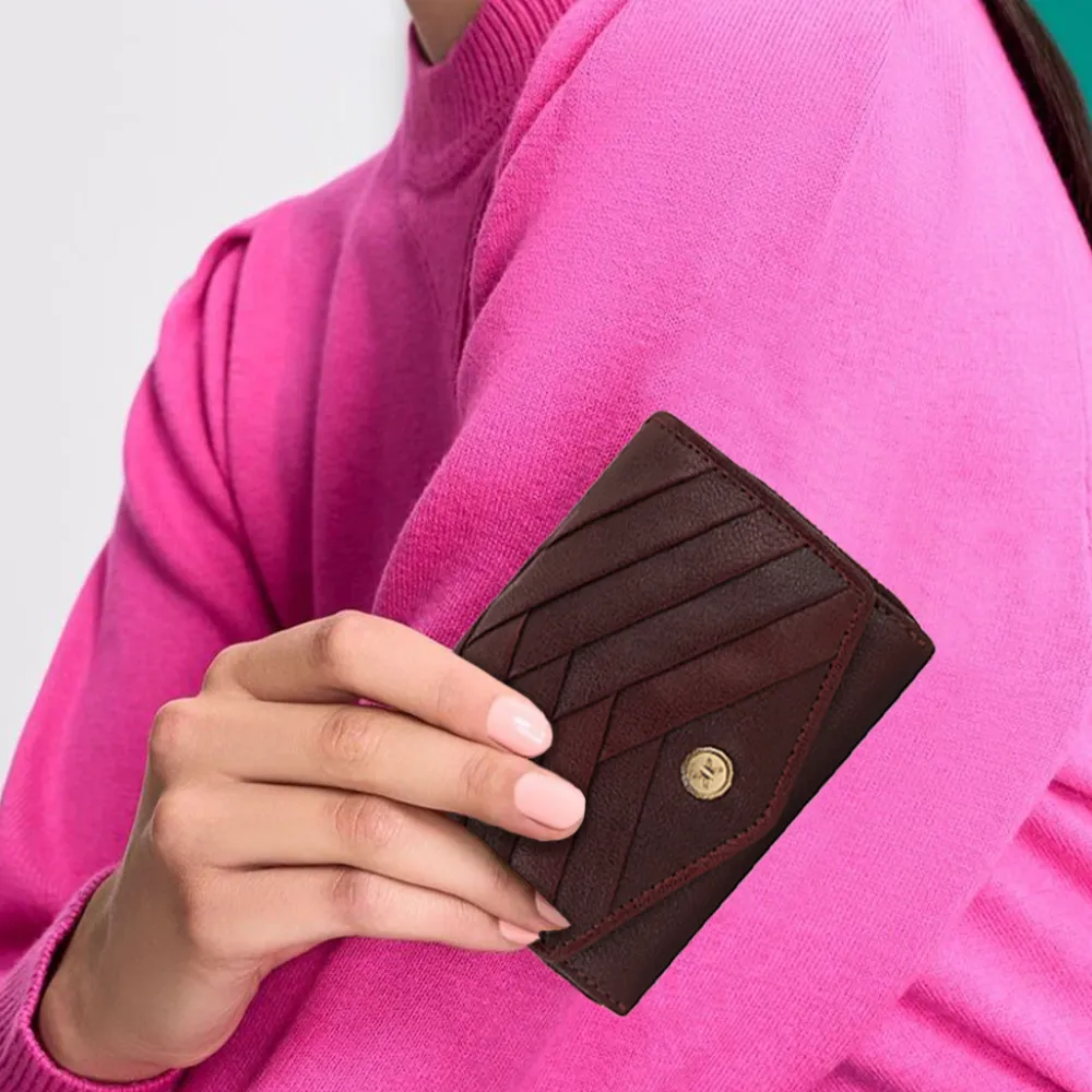 Wine Pleated Leather Bi Fold Purse
