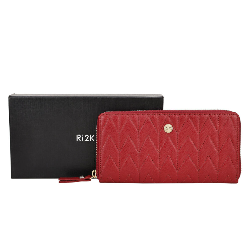 RI2K Genuine Leather Red Quilted Zip Around Purse - Image 6