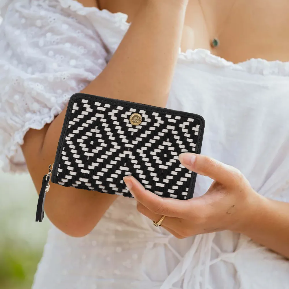 Black and White Genuine Leather Medium Zip Around Purse
