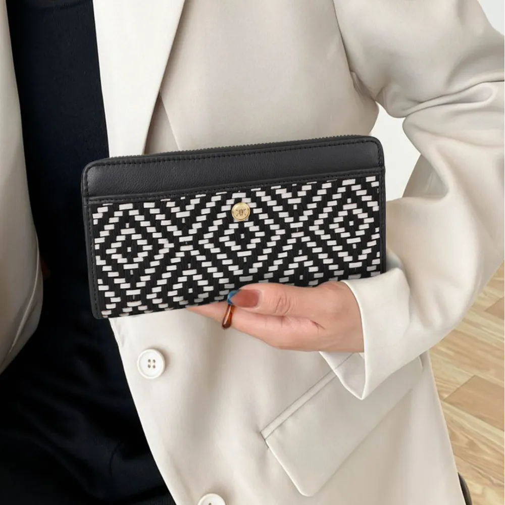 Black and White Genuine Leather Weave Zip Around Purse