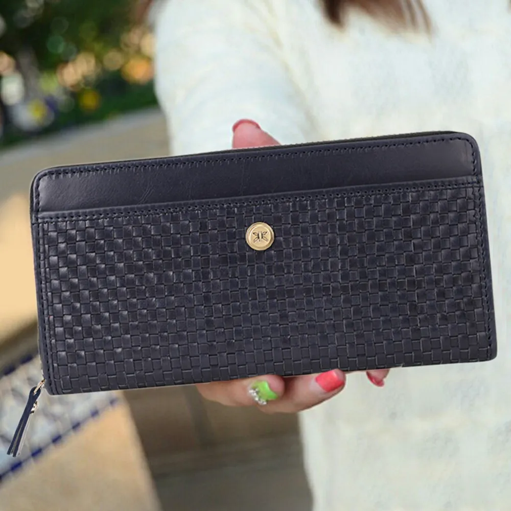 Navy Weave Leather Zip Around Purse