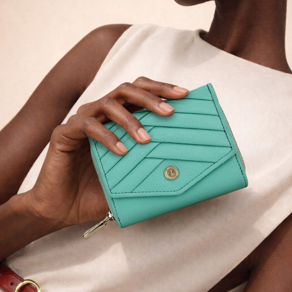 Turquoise Pleated Leather Bi Fold Purse