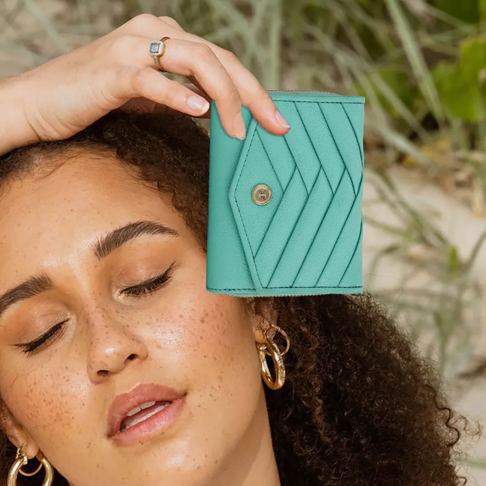Turquoise Pleated Leather Bi Fold Purse