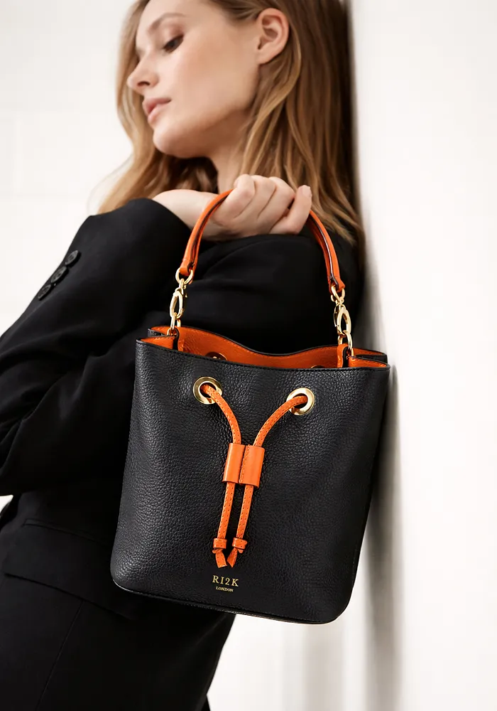 Sofia Black Orange Drawstring Handbag