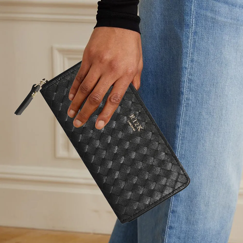 RI2K Vintage Intrecciato Weave Black Zip Around Purse